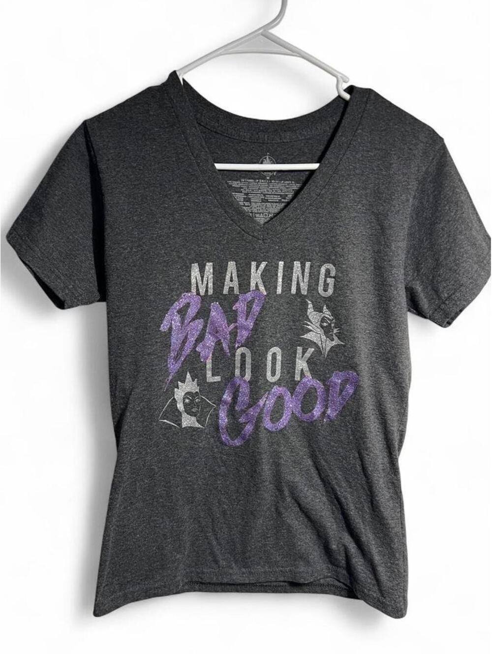 Disney Store Shirt Womens Medium Gray Villains Making Bad Look Good Glitter Tee